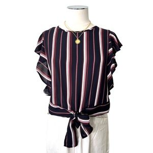MONTEAU Striped Flutter Sleeve Front Bow Tie Blouse Navy Blue Red White Sz M